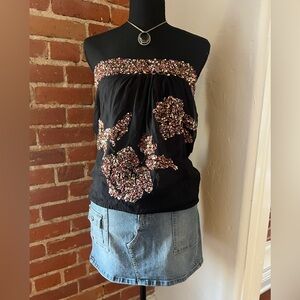 French Connection Black Silk Sequin Strapless Top S/M